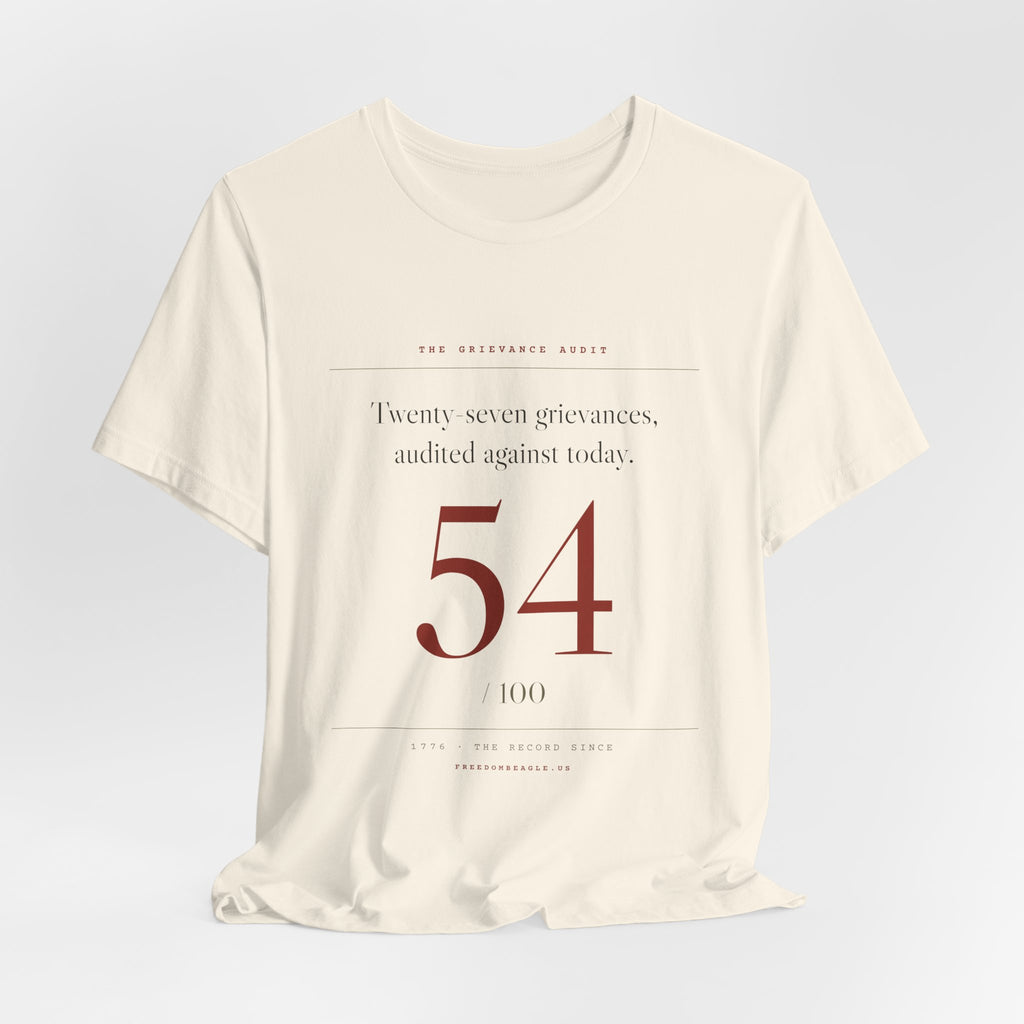 Twenty-Seven Grievances, Audited. It Got a 54. — Scorecard Tee (Natural)