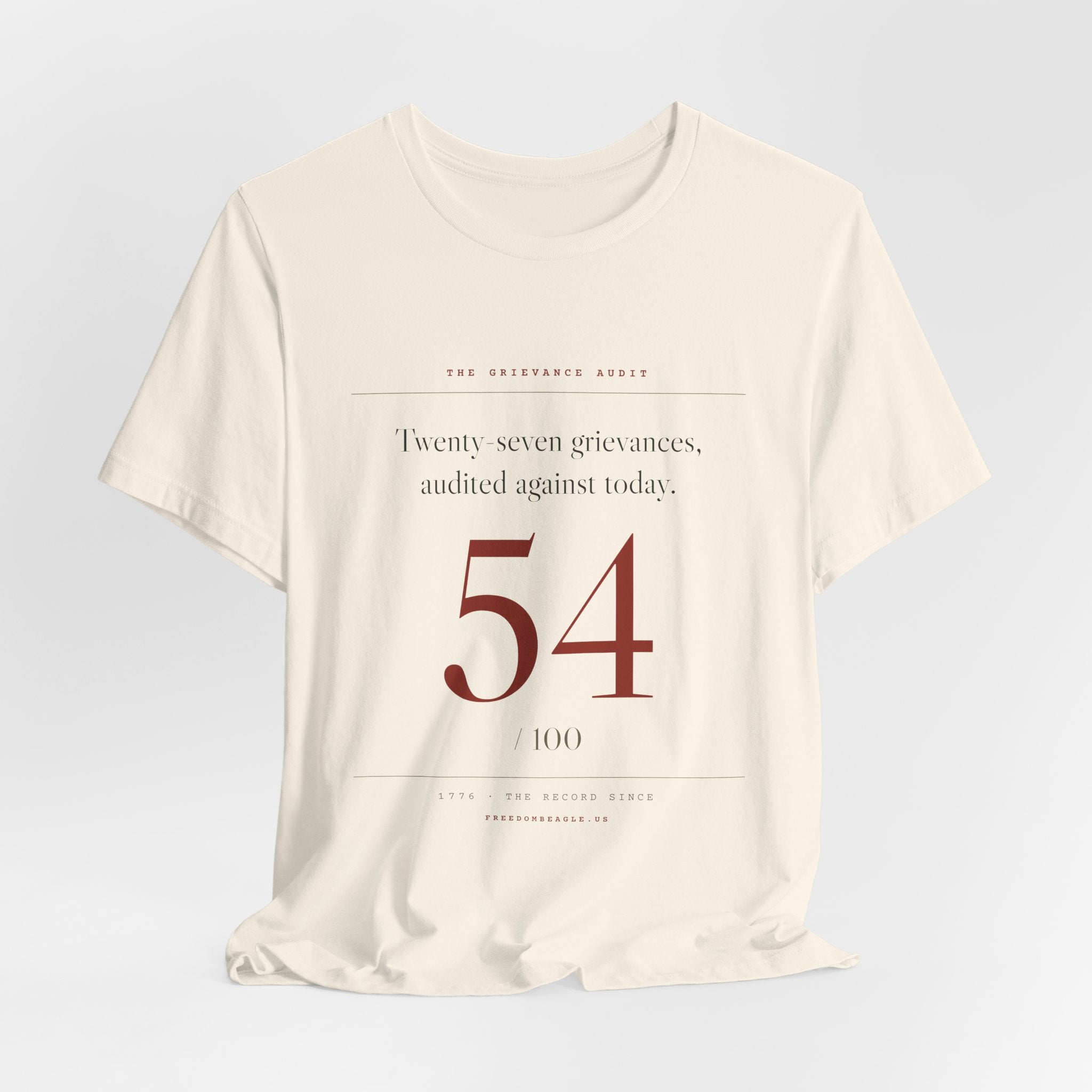 Twenty-Seven Grievances, Audited. It Got a 54. — Scorecard Tee (Natural)