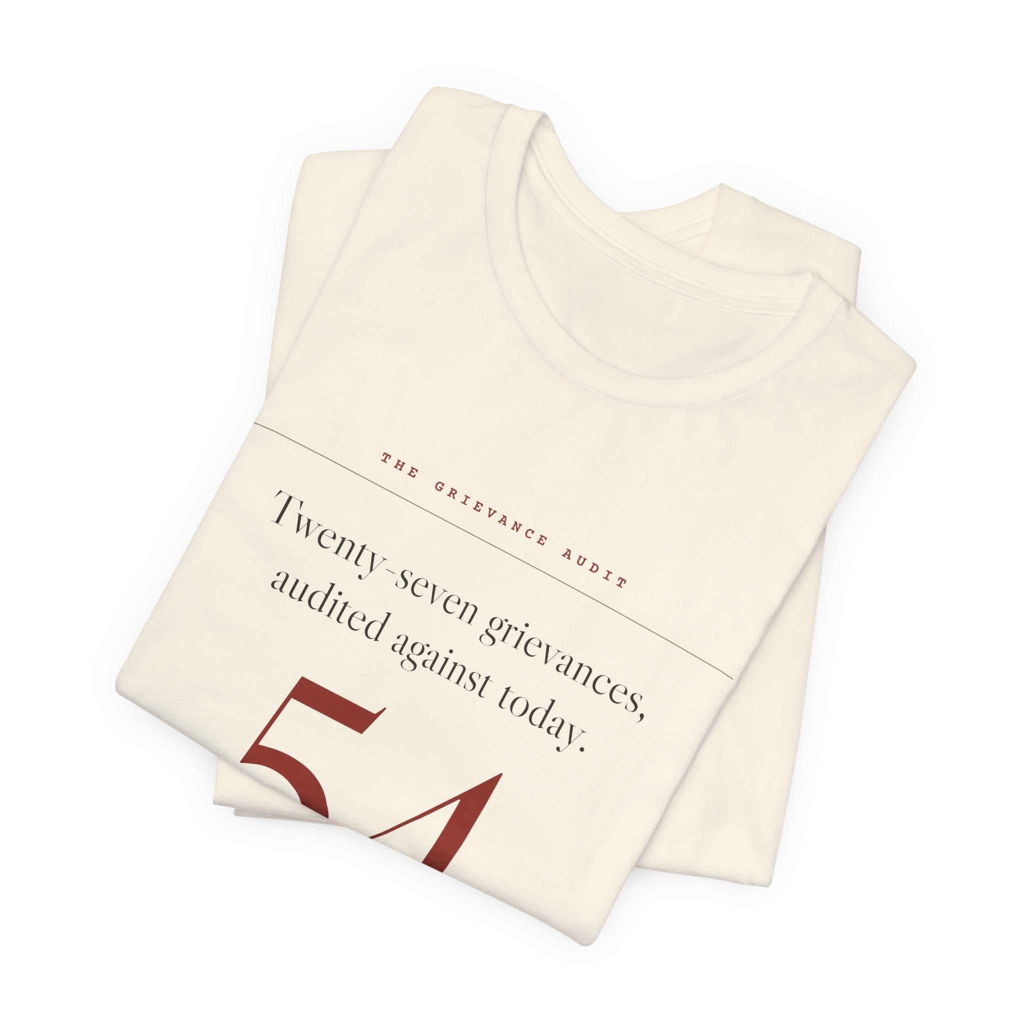Twenty-Seven Grievances, Audited. It Got a 54. — Scorecard Tee (Natural)