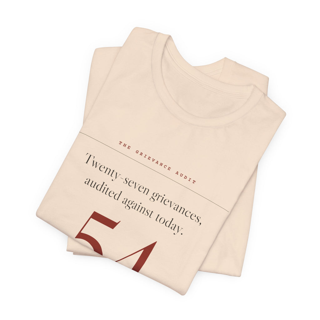 Twenty-Seven Grievances, Audited. It Got a 54. — Scorecard Tee (Natural)